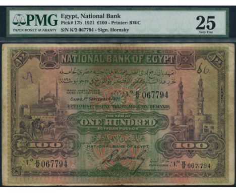 (x) National Bank of Egypt, £100, 1 September 1921, serial number K/2 067,794 green and purple on multicolour underprint, Cit