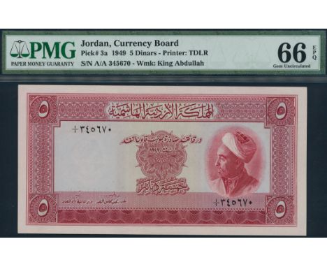 (x) The Hashemite Kingdom of the Jordan, 5 dinars, L.1949 (1950), serial number A/A 345670, red print, King Abdullah at right