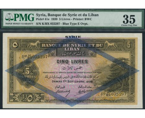 (x) Banque de Syrie et du Liban, Syria, 5 livres, 1 September 1939, serial number K/BX 032,297, brown on multicolour underpri
