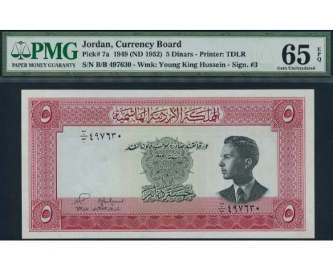 (x) The Hashemite Kingdom of Jordan, 5 dinars, L.1949 (1952), serial number B/B 497630, red print, King Hussein at right, val