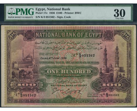 (x) National Bank of Egypt, £100, 4 June 1936, serial number K/3 051562, green and purple on multicolour underprint, Citadel 