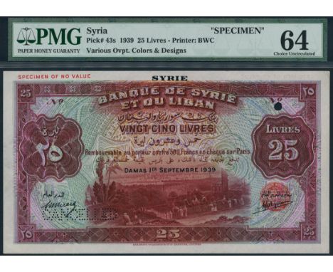(x) Banque de Syrie et du Liban, Syria, proof/specimen 25 livres, 1 September 1939, no serial number, lilac-brown on multicol