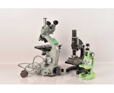 A large Olympus Binocular Microscope, together with a smaller Monocular Microscope, a Sears Microscope, plus a selection of a
