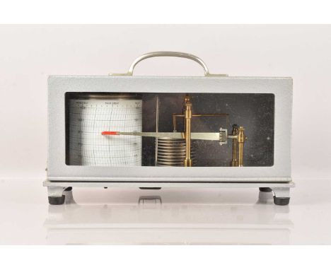 A Negretti & Zambra Barograph, no. R/45277, with range 950/1050mb, having 12 bellow stack, in metal case