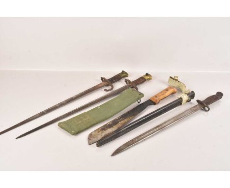 A 1907 SMLE, together with two French Gras Bayonets, plus a Military Issue Machete by Elwell, dated 56 (4) no postage for thi