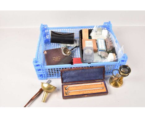 An assortment of Scientific Equipment, to include a Negretti & Zambra Thermometer Set, a vintage brass microscope, a funnel, 