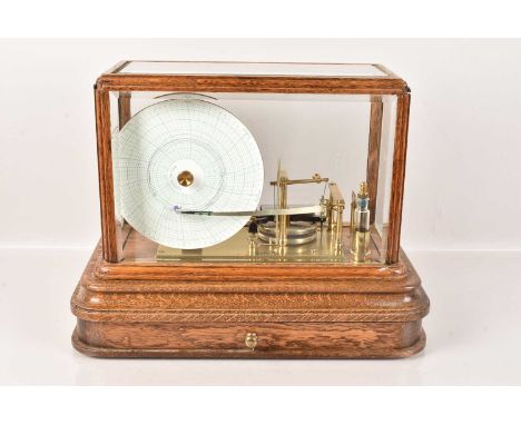 A Vintage Disk Barograph,  unnamed, having two bellow aneroid stack, in wooden and bevelled glass case, case 31.5cm wide, exc