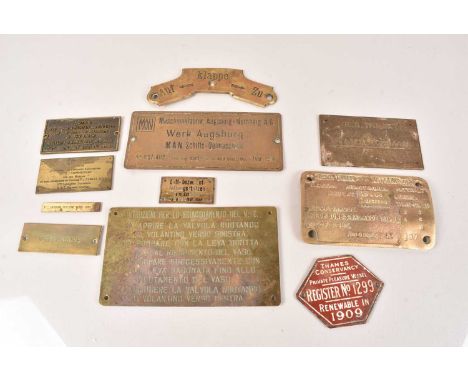 A collection of various brass plaques, Vickers Armstrong Pattern 4 Inch Twin RP MTG Mk XIX, Steering Wheel from Submarine 'Th