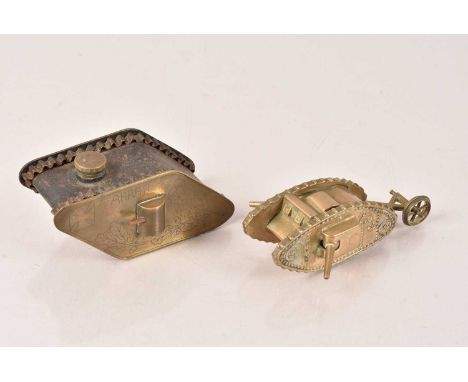 Two 'Trench Art' Tank Models, one of a Mark V with inscriptions of 'Arras' and Cambrai' to either side, the ither of a Mark I