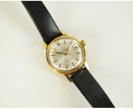 A Lady's gold plated Omega Automatic Geneve wristwatch, the silvered dial with batons, date aperture and sweep seconds hand, 