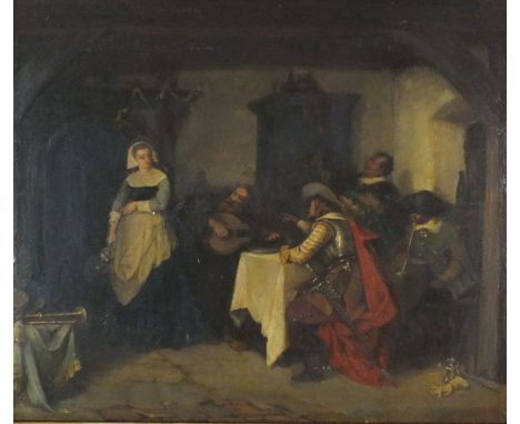 Dutch school, 19th century, Soldiers drinking in a tavern, indistinctly signed lower right, oil on panel, 29 x 35cm