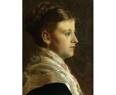 George Henry Taggart (American school, 1865-1924), Portrait of a lady, head and shoulders wearing a white floral shawl, oil o