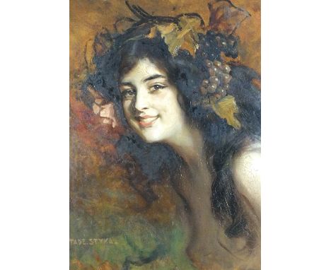Tadeusz Styka (1889-1954), Portrait of a young lady with grapes in her hair, oil on board, 62 x 45cm