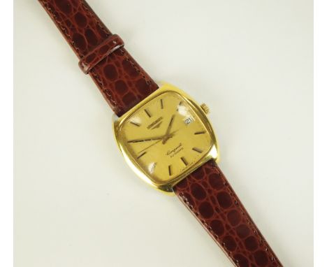 A Gentleman's gold plated Longines conquest Automatic wristwatch, the cushion shaped champagne dial with batons, date apertur