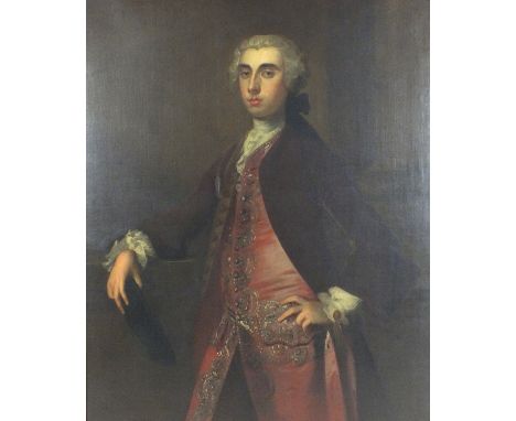 Circle of Alan Ramsay (1713-1784), Portrait of a gentleman, three quarter length wearing a long dark brown coat with embroide
