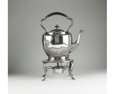 A Victorian silver spirit kettle, stand and burner, W W Harrison & Co, Sheffield 1895, the kettle of oval half reeded form wi