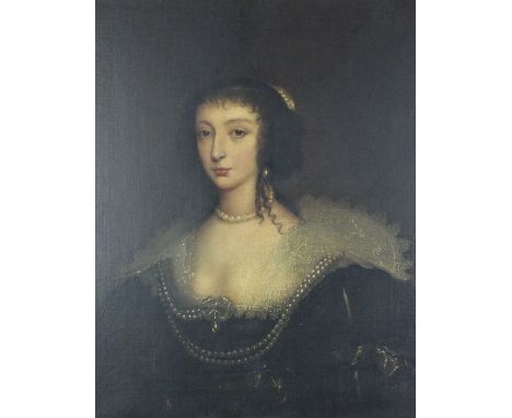 After Sir Anthony van Dyke (1599-1641), Portrait of Queen Henrietta Maria, wearing a black dress, lace ruff and pearls, oil o