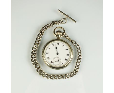 A white metal Swiss made military open face pocket watch, the white enamel dial with black Roman numerals and subsidiary seco