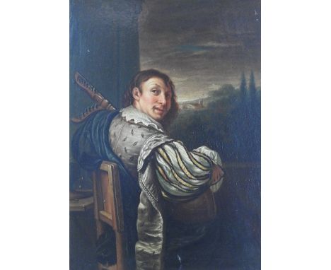 Dutch School, late 18th Century,A Seated musician playing a mandolin with a rural landscape beyond,Oil on panel,23 x 16cm
