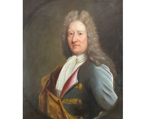 Follower of Godfrey Kneller (1646-1723), Portrait of a gentleman, half length wearing a gold embroidered blue coat, white shi