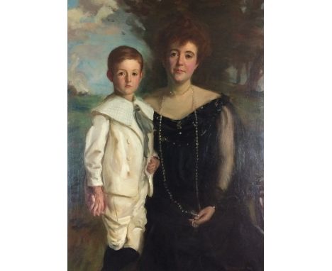 George Henry Taggart (American school,1865-1924), Portrait of mother and child, three quarter length in evening dress, signed