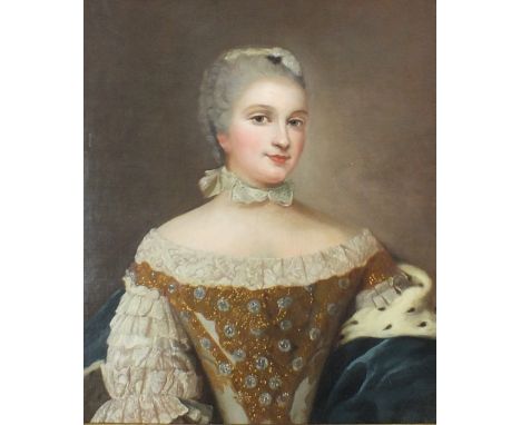 Continental school 19th century, Portrait of a lady, half length wearing a gold embroidered dress in the 18th century style, 