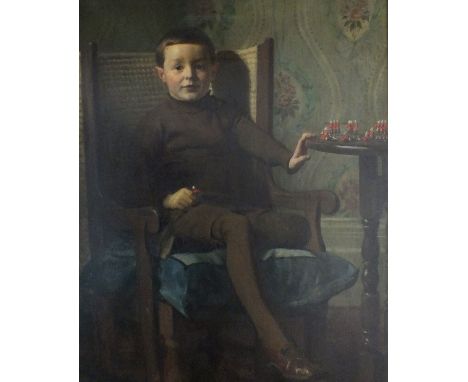 British school, circa 1900, Portrait of a young boy seated in an Orkney chair with lead soldiers of a highland regiment on a 