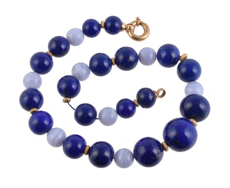 A lapis lazuli and lace agate bead necklace, the circular graduated lapis and agate beads with gold coloured spacers, to a ri