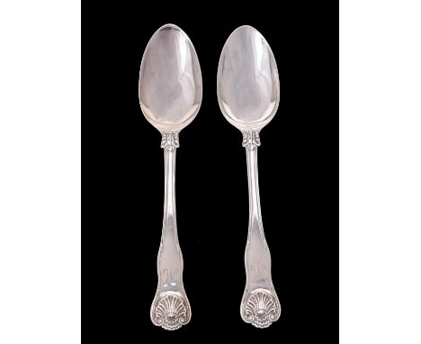 A pair of Victorian silver shell pattern serving spoons by Chawner & Co., London 1849, engraved M, 22cm (8 3/4in) long, 199g 