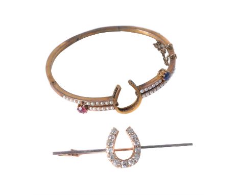A late Victorian diamond horseshoe brooch and gem set hinged bangle, the brooch set with old brilliant cut diamonds, approxim