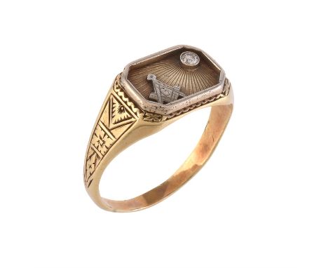 A first half of the 20th century diamond Masonic ring, the octagonal panel set with an old brilliant cut diamond upon a radia