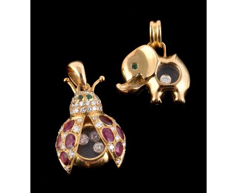 A gem set ladybird pendant, the head pavé set with brilliant cut diamonds and emerald eyes, to oval cut ruby and brilliant cu