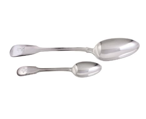 A set of six George IV silver fiddle and thread tea spoons by Paul Storr, London 1820; and five fiddle table spoons by Willia