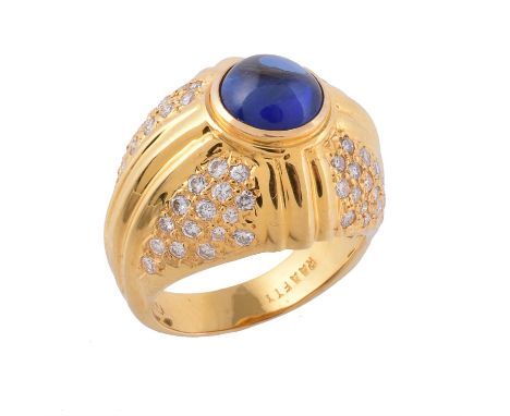 A sapphire and diamond bombé ring, the circular cabochon sapphire collet set on a broad band set with brilliant cut diamonds,