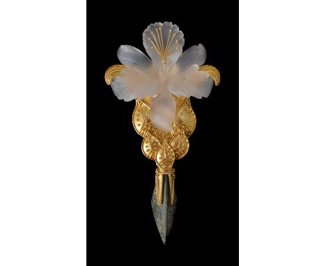 A carved rock crystal iris brooch, the carved frosted flower head with gold coloured detail, to an 18 carat gold beaded mid s