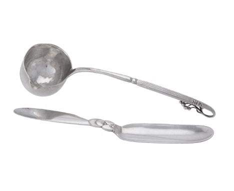 A Georg Jensen silver coloured Cactus (Kaktus) pattern spoon, 1933 - 1944 mark, 17.5cm (7in) long; and a Georg Jensen sauce l