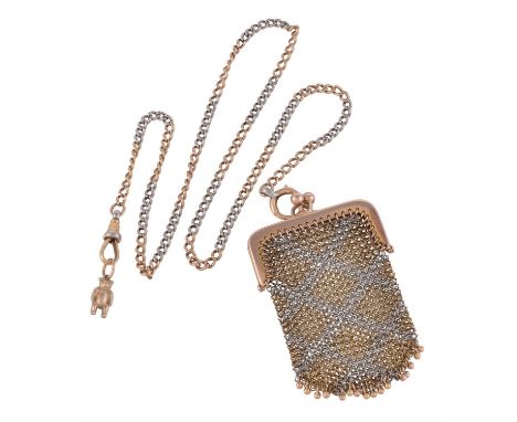 An early 20th century gold coin purse, the two colour mesh link purse with lattice decoration, the handle stamped 9ct, 16.8g,