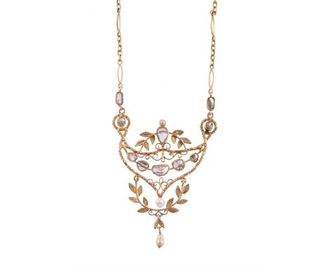 An early 20th century French diamond pendant, circa 1920, the openwork panel with scroll and foliate detail, set with rose cu