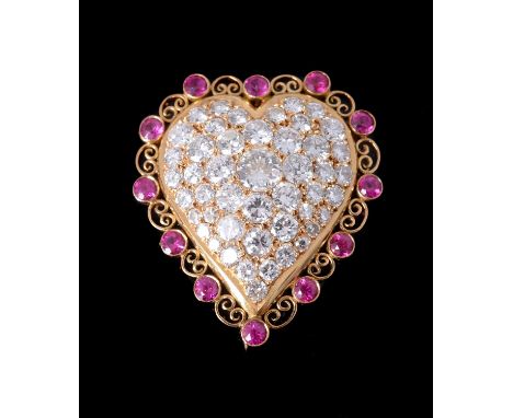 A diamond and synthetic ruby heart brooch, the heart pavé set with brilliant cut diamonds, approximately 4.83 carats total, w