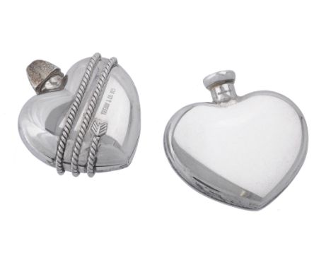 A silver coloured heart shaped scent bottle by Tiffany & Co., stamped 925, with a cable twist arrow band, 4.5cm (1 3/4in) hig
