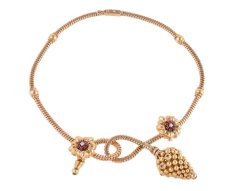 A 1950s ruby and diamond collar necklace by Michele Abate, the squared turbogas collar with beaded detail, with two detachabl