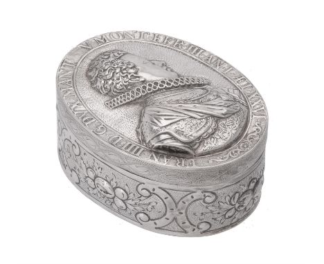 A 19th century continental silver oval box, pseudo marks, the cover embossed with a named portrait of Francis III, Duke of Ma