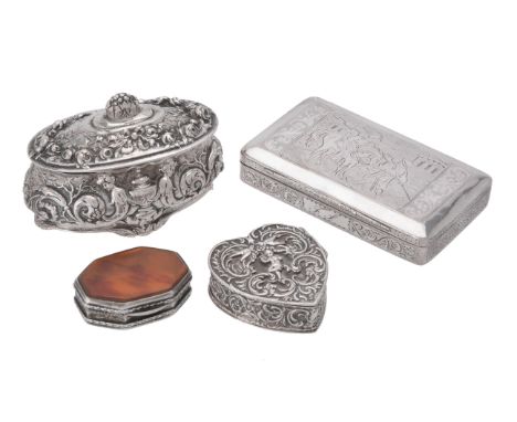 Y Four continental silver coloured boxes, to include: a German silver coloured heart shaped and mother of pearl inlaid box, m