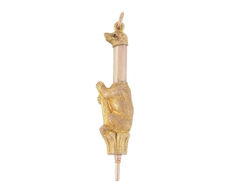 An early Victorian gold bear and staff propelling pencil, circa 1850, the naturalistic bear clutching a wooden staff, with ca