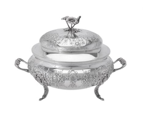 A Spanish silver coloured tureen and cover, post 1934 .915 standard, with a floral finial to the domed cover, with twin flora