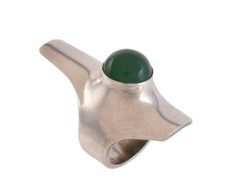 A silver and chrysoprase ring by Henning Koppel for Georg Jensen, No 154, the shaped panel set with a circular cabochon chrys