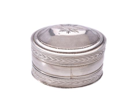 A George III silver oval nutmeg grater by Samuel Pemberton, Birmingham 1796, the lift off domed cover engraved with starburst