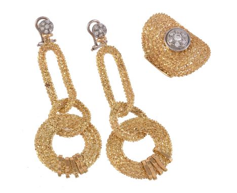 A demi parure by Orlando Orlandini, the earrings with a trio of articulated woven mesh hoop panels to diamond cluster pedimen