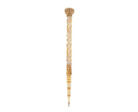 A Victorian gold and agate pencil, the central polished agate column within a pierced scrolling gold surround, to an agate en