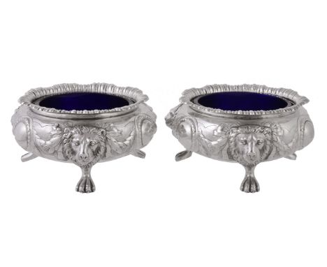 A pair of Victorian silver large cauldron salt cellars by Edward Barnard & Sons, London 1868, with shaped nulled rims, vacant